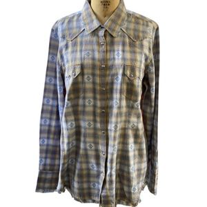 Ryan Michael Blue Plaid Cotton Snap Front Sawtooth Pocket Western Shirt Size XL